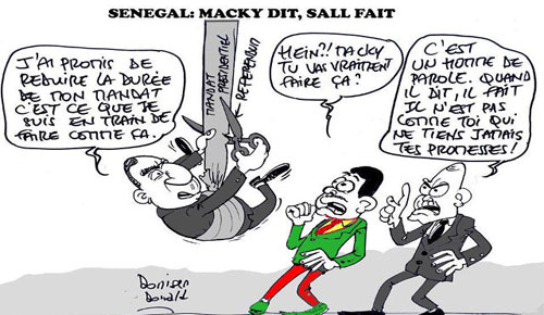 Contrairement à Faure Gnassingbé qui adore le dilatoire dans tous les domaine, le vaillant Macky Sall propose de réduire la durée du mandat présidentiel au Sénégal, Caricature : Donisen Donald / Liberté