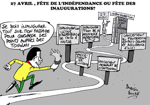 Faure Gnassingbé et sa course « olympique » aux inaugurations pour le 27 avril 2016 | Caricature : Donisen Donald / Liberté
