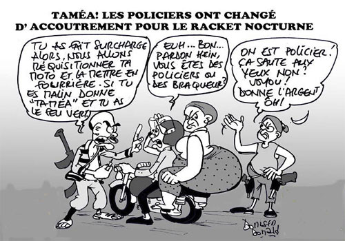 Les policiers bandits togolais rackettent allègrement de pauvres gens | Caricature : Donisen Donald / Liberté