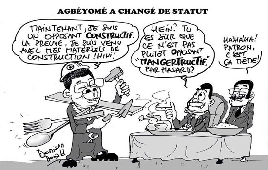 Agbéyomé Kodjo dans ses oeuvres devant Faure Gnassingbé | Caricature : Donisen Donald / Liberté