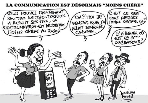 Cina Lawson en grande « Manager » de la chose téléphonique au Togo | Caricature : Donisen Donald / Liberté