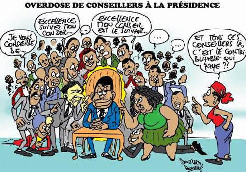 Faure Gnassingbé et sa horde de conseillers inutiles et/ou affairistes | Caricature : Donisen Donald / Liberté