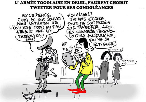 Des soldats togolais meurent au Mali, Faure Gnassingbé, le roi des NTIC, tweete ses condoléances ! | Caricature : Donisen Donald / Liberté