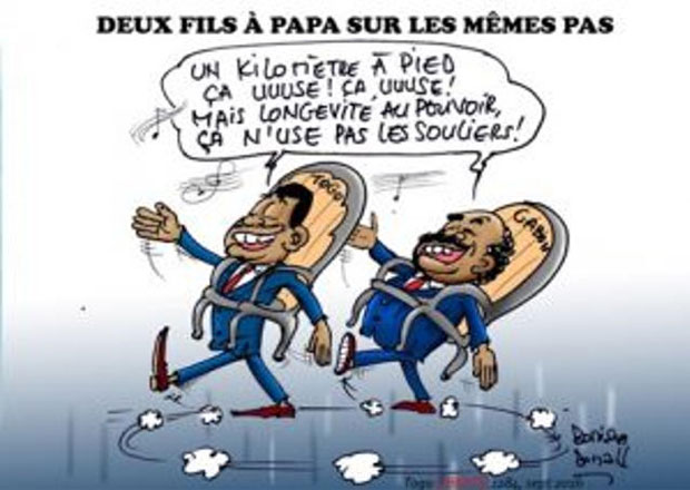Faure Essozimna Gnassingbé, Ali Bongo Odimba, des fils à papa barbares, voleurs d’élections. Yep ! | Caricature : Donisen Donald / Liberté