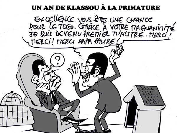 Selom Komi Klassou alias SKK et son Faure-vi | Caricature : Donisen Donald / Liberté